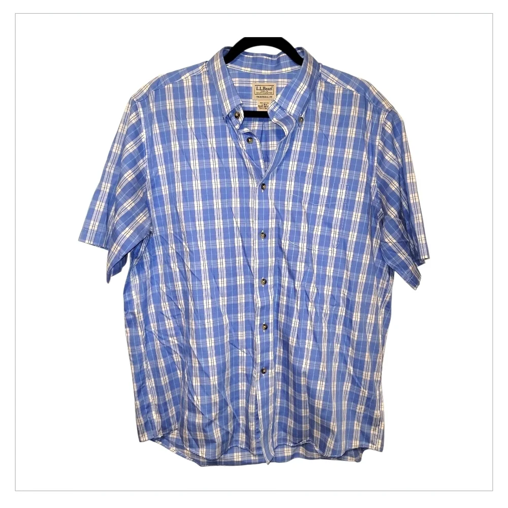 LL Bean Mens Large Blue Plaid Button Down Short Sleeve Shirt - Picture 3 of 5